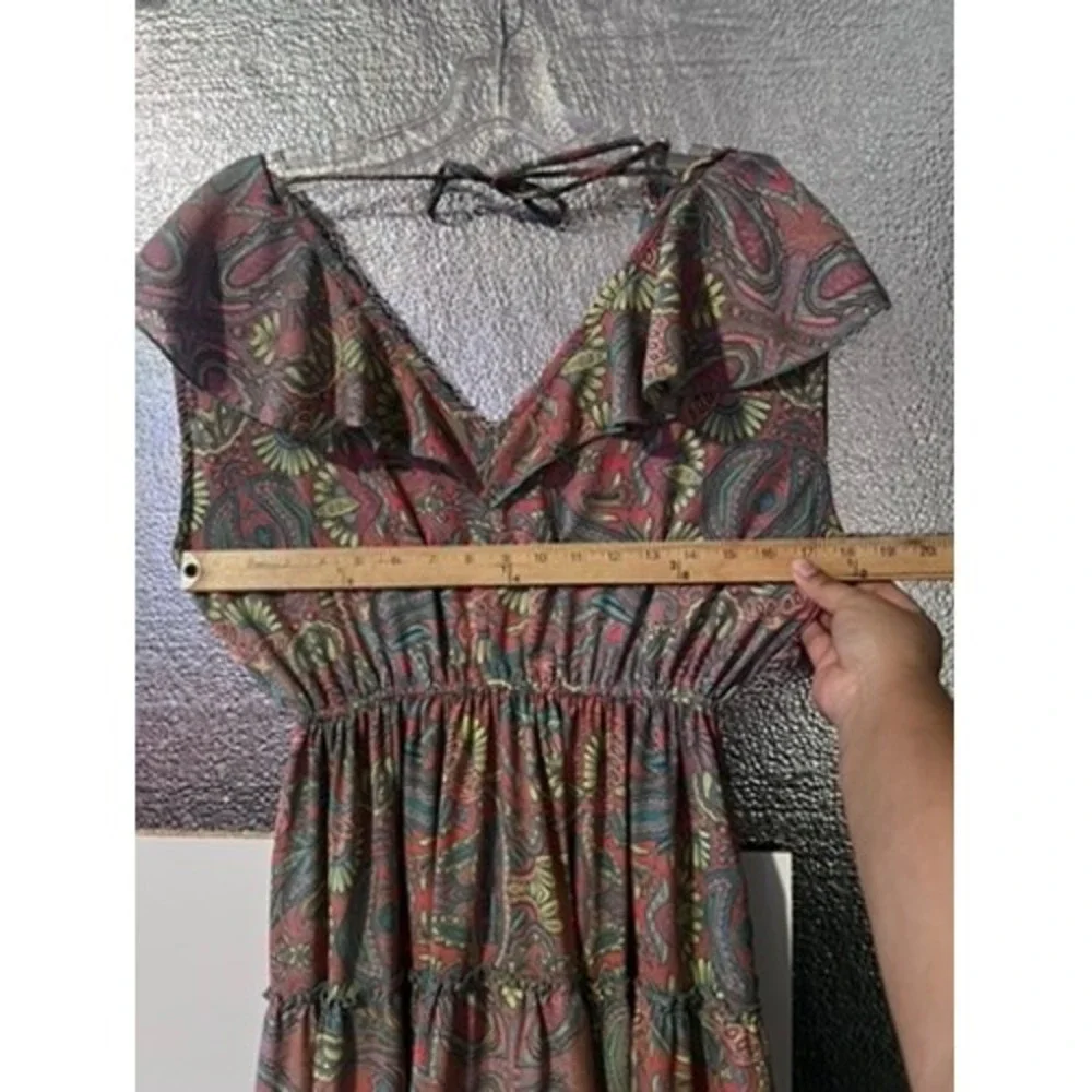 Boemo Pink Teal Paisley Ruffle Tiered Maxi Dress Boho Tassel Back Womens Medium‎